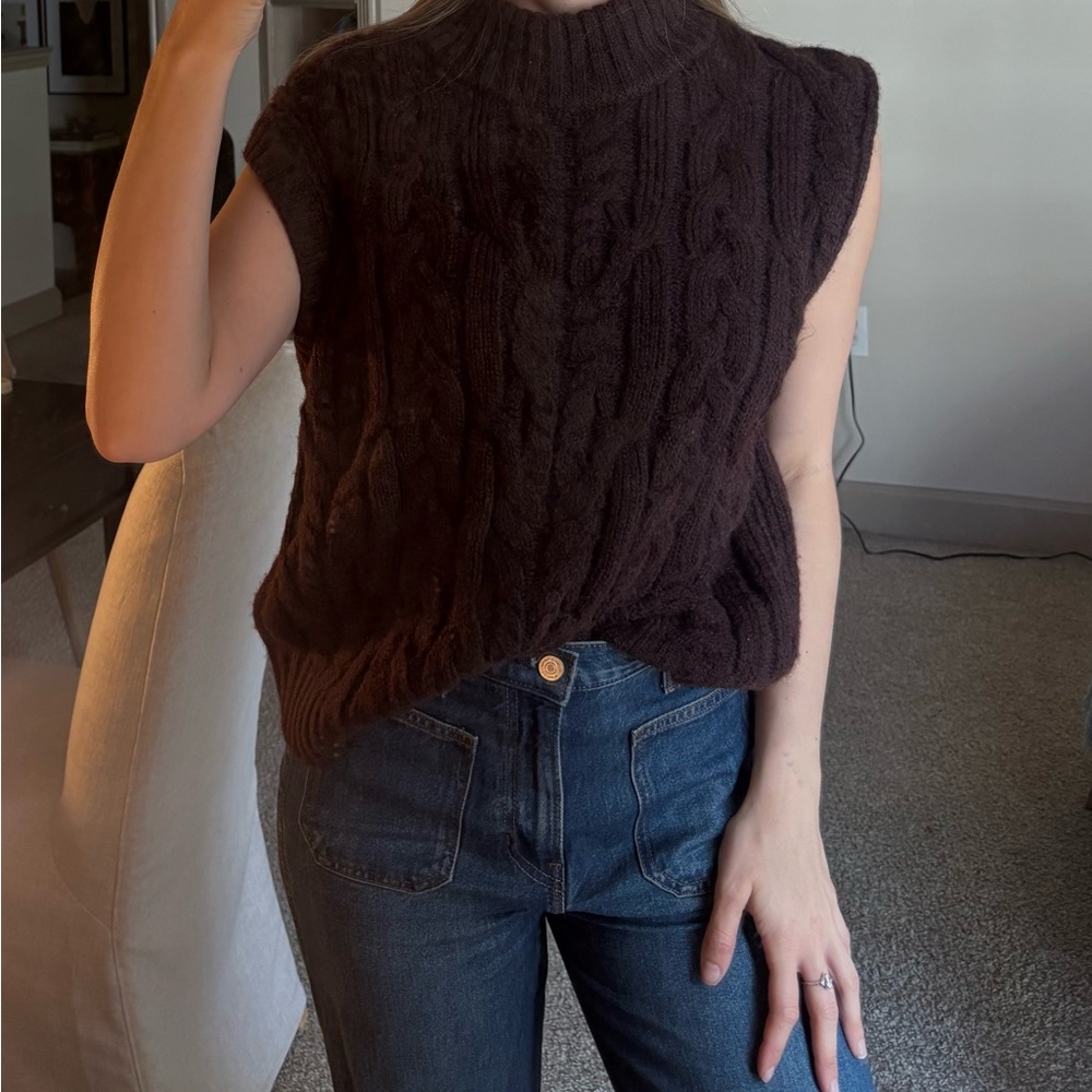 a new day Chocolate Brown Cable Knit Sleeveless Turtleneck Sweater Vest
